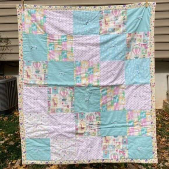 Pastel Quilt Baby Nursery Blanket Throw Quilted Squares Handmade 44 x 38 inches - Picture 2 of 13